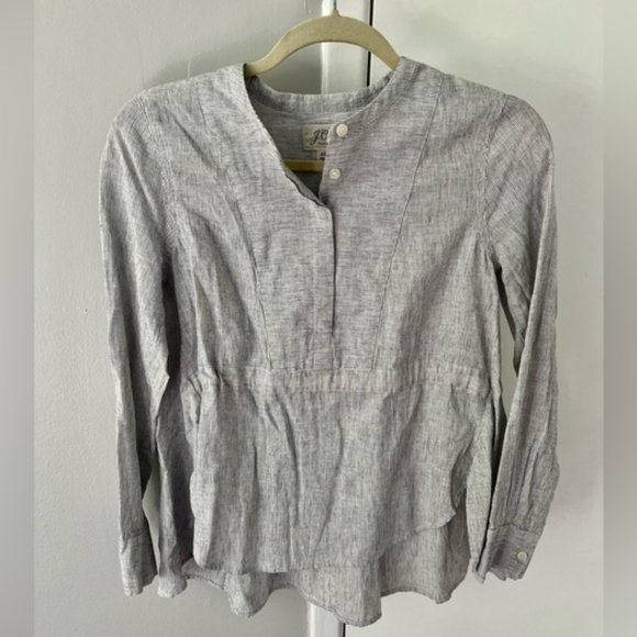 J. Crew Gathered Front Linen and Cotton  Grey Pin Stripe Popover Shirt - Picture 3 of 8